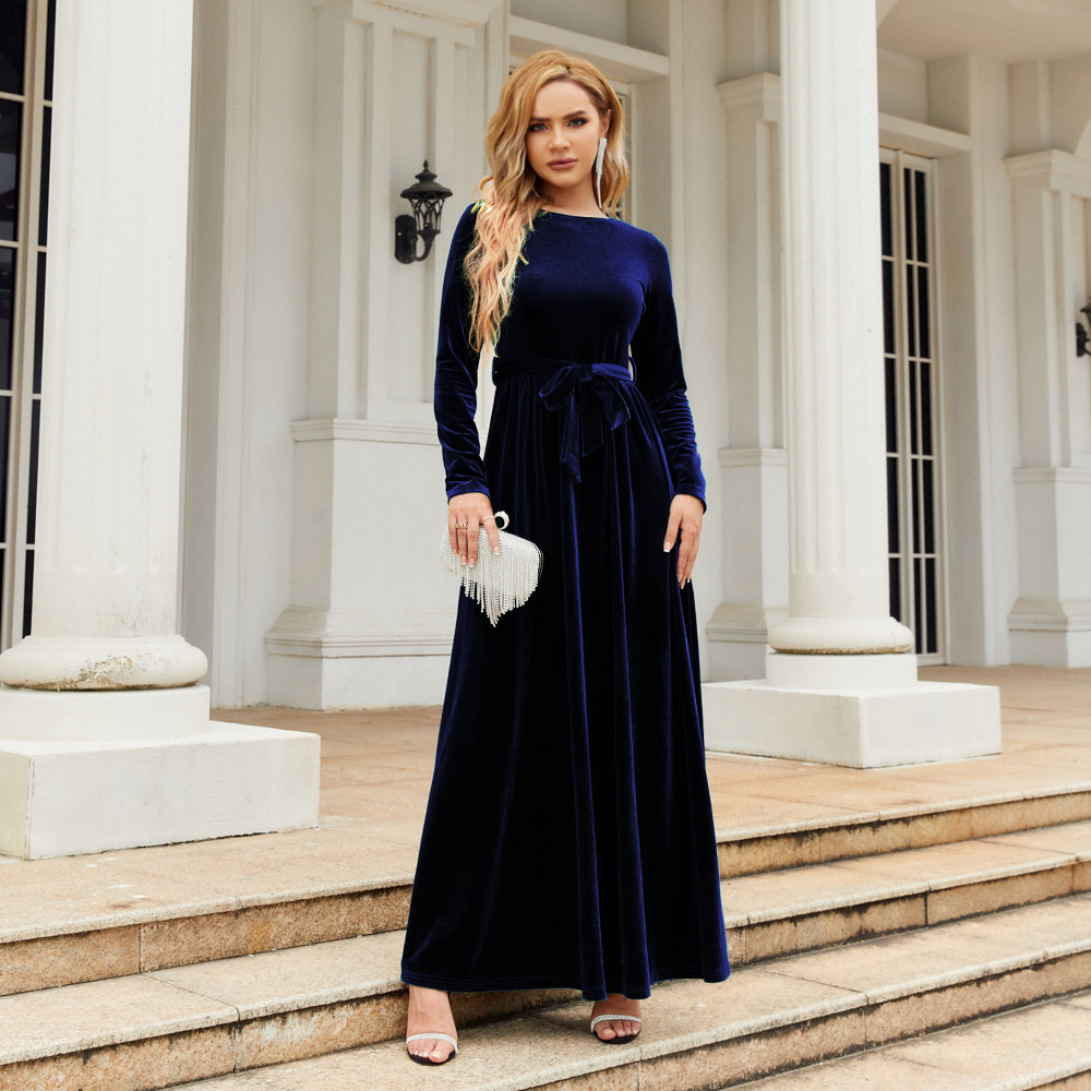 Elegant Velvet Maxi Dress - Autumn Winter Long Sleeve Floor Length Evening Gown